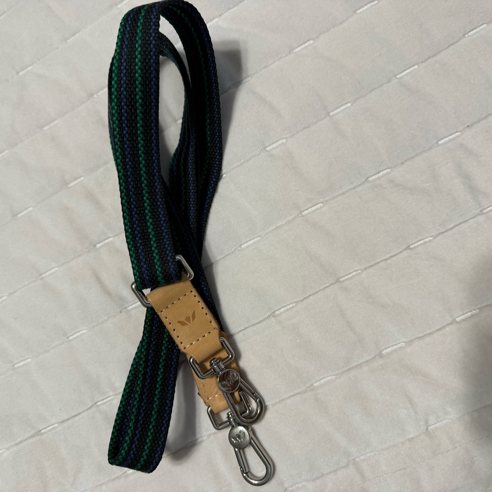 Consuela Woven Shoulder Strap in Navy & Green with Tan Leather